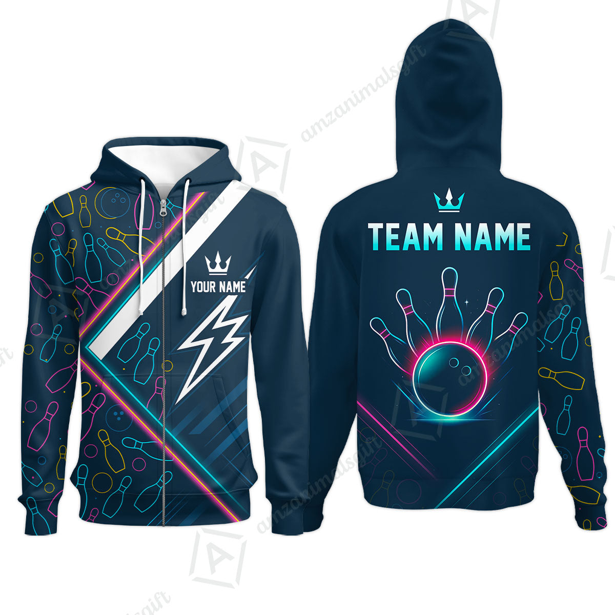 Customized Neon Glow Bowling Zip Hoodie, Lightning Bolt And Crown Zip Hoodie For Bowling Team, Bowlers
