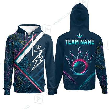 Customized Neon Glow Bowling Zip Hoodie, Lightning Bolt And Crown Zip Hoodie For Bowling Team, Bowlers