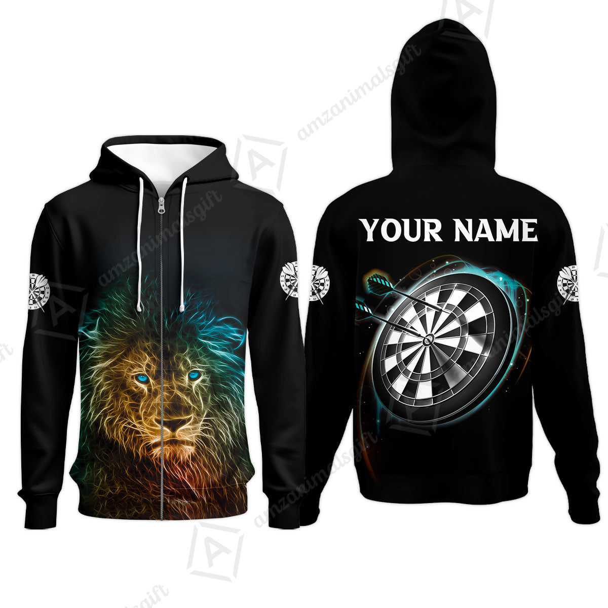 Customized Name Darts Polo Shirt, Blue Bullseye Dartboard Personalized Lion And Darts Polo Shirt