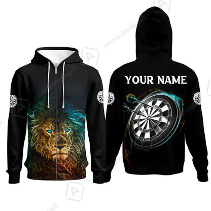 Customized Name Darts Polo Shirt, Blue Bullseye Dartboard Personalized Lion And Darts Polo Shirt