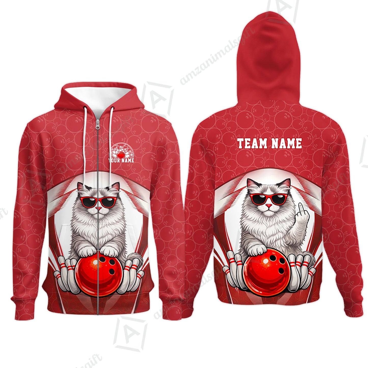 Custom Bowling Polo Shirt, Funny Cat with Sunglasses Bowling Custom Bowling Polo Team Shirt For Players With Name & Team Name