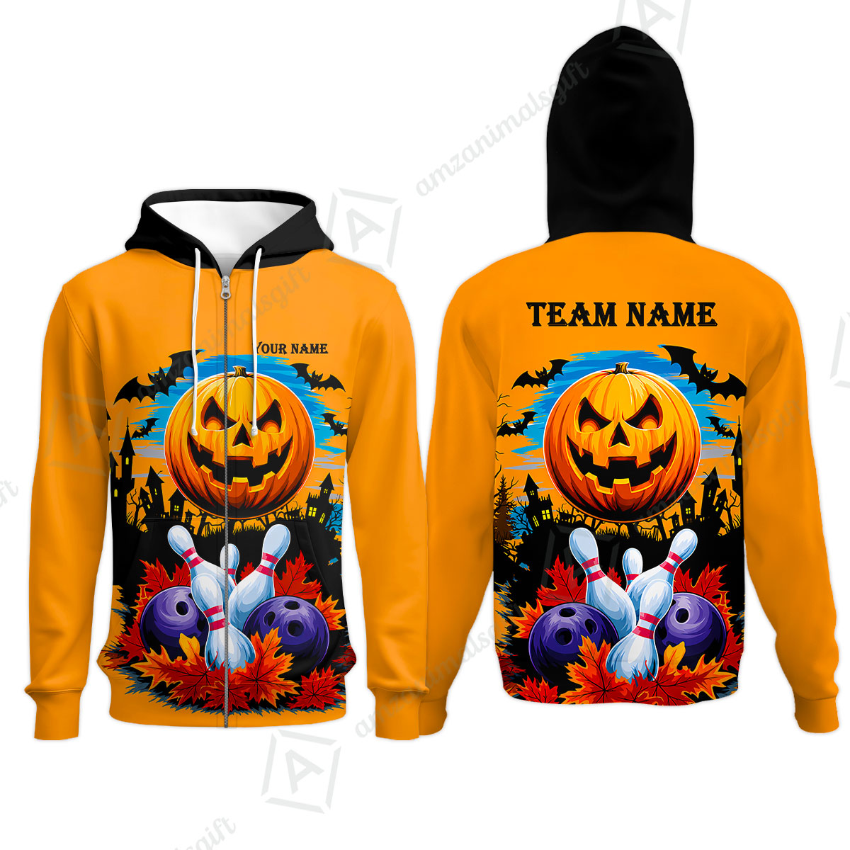 Custom Bowling Jersey Polo Shirt, Halloween Pumpkin Bowling, Personalize Name and Team Name