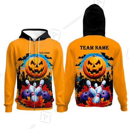Custom Bowling Jersey Polo Shirt, Halloween Pumpkin Bowling, Personalize Name and Team Name
