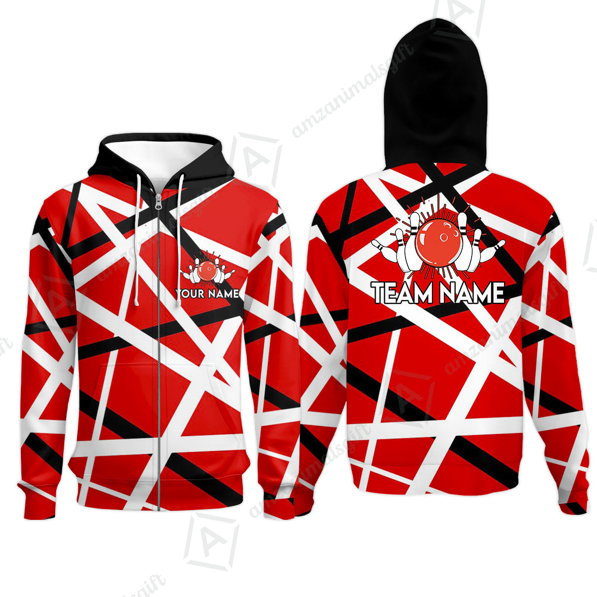 Custom Bowling Team Jersey Shirt, Bowling uniforms Vintage Retro Rock Style Guitar Red & White Personalized Name And Team Name