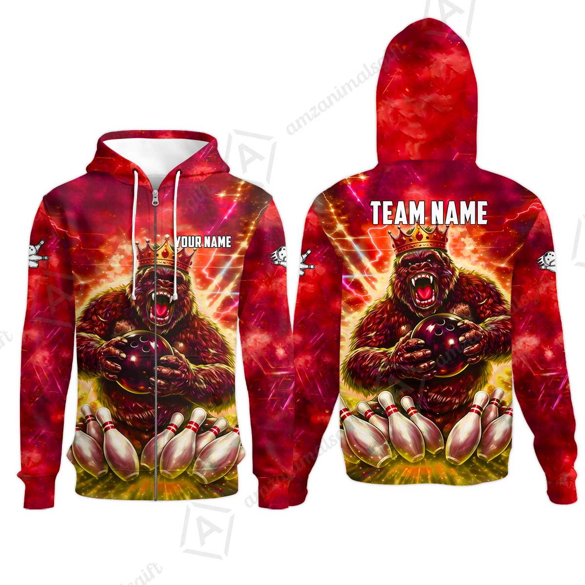 Custom Bowling Jersey Polo Shirt, King Gorilla Holding Bowling Ball, Custom Bowling Jersey Team Shirt For Players With Name & Team Name