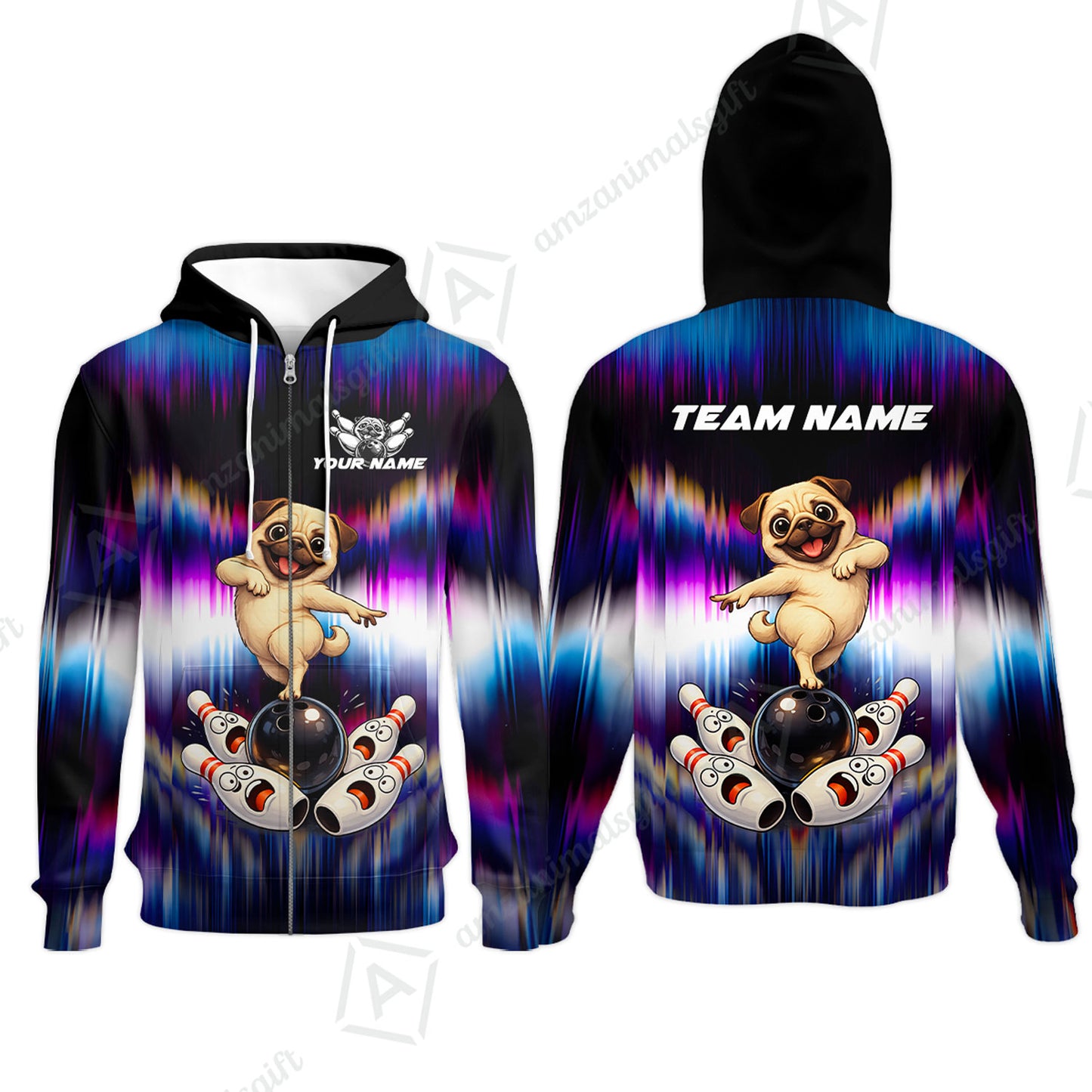 Custom Bowling Jersey Polo Shirt, Neon Cosmic Pug Bowling Custom Bowling Jersey Team Shirt For Players With Name & Team Name