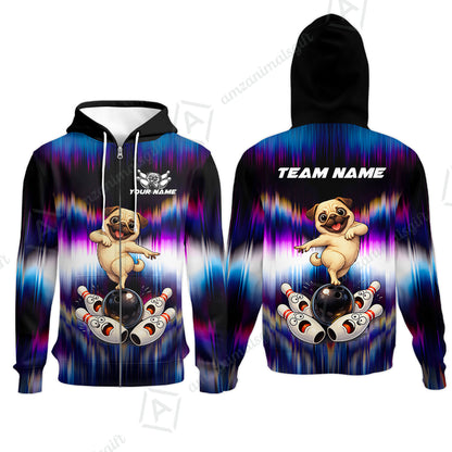 Custom Bowling Jersey Polo Shirt, Neon Cosmic Pug Bowling Custom Bowling Jersey Team Shirt For Players With Name & Team Name
