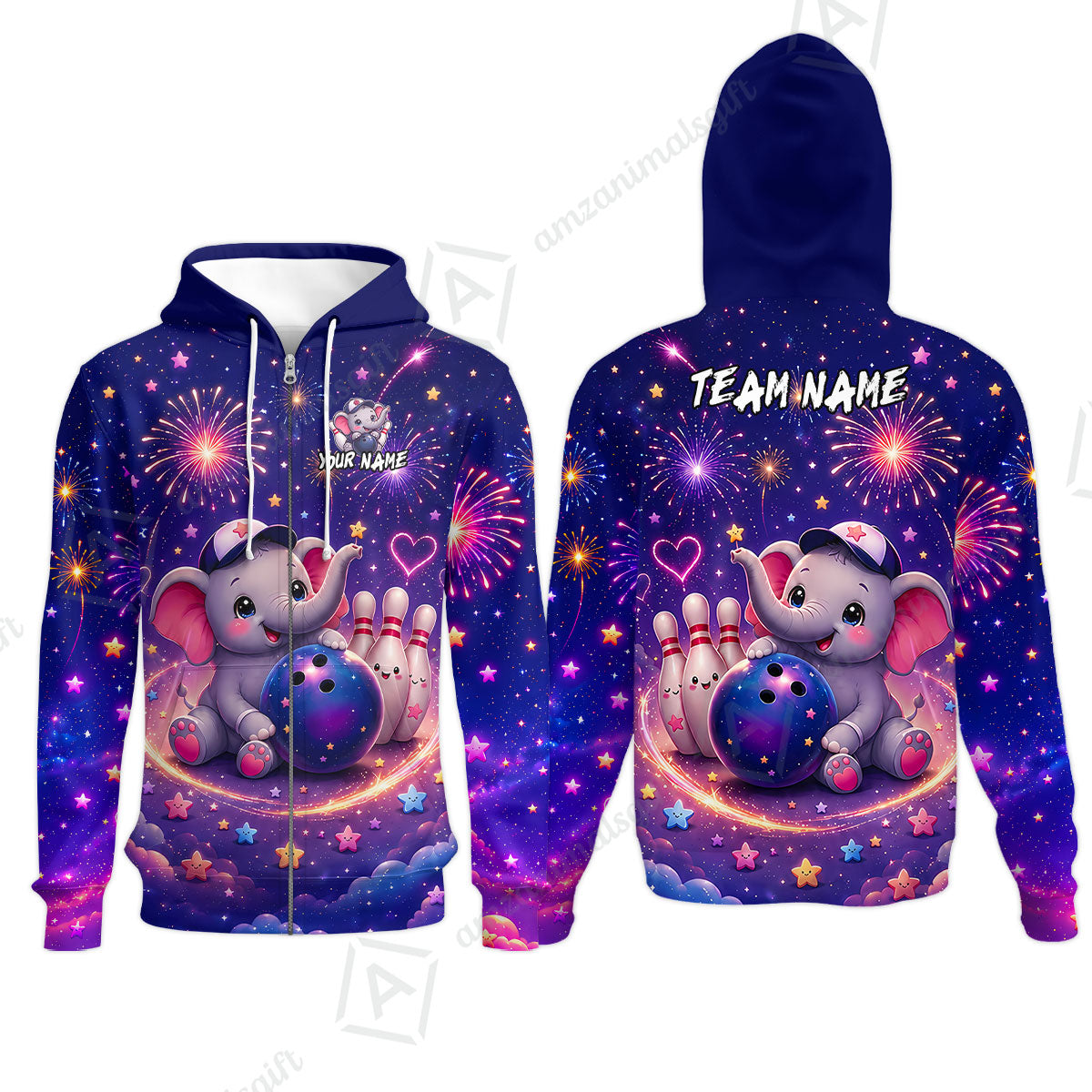 Custom Bowling Jersey Polo Shirt, Cute Elephant Holding Ball, Personalize Name and Team Name