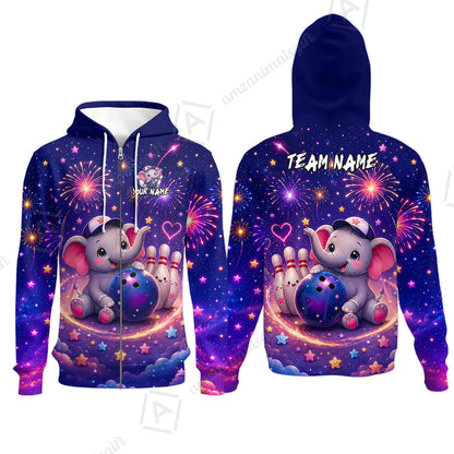 Custom Bowling Jersey Polo Shirt, Cute Elephant Holding Ball, Personalize Name and Team Name