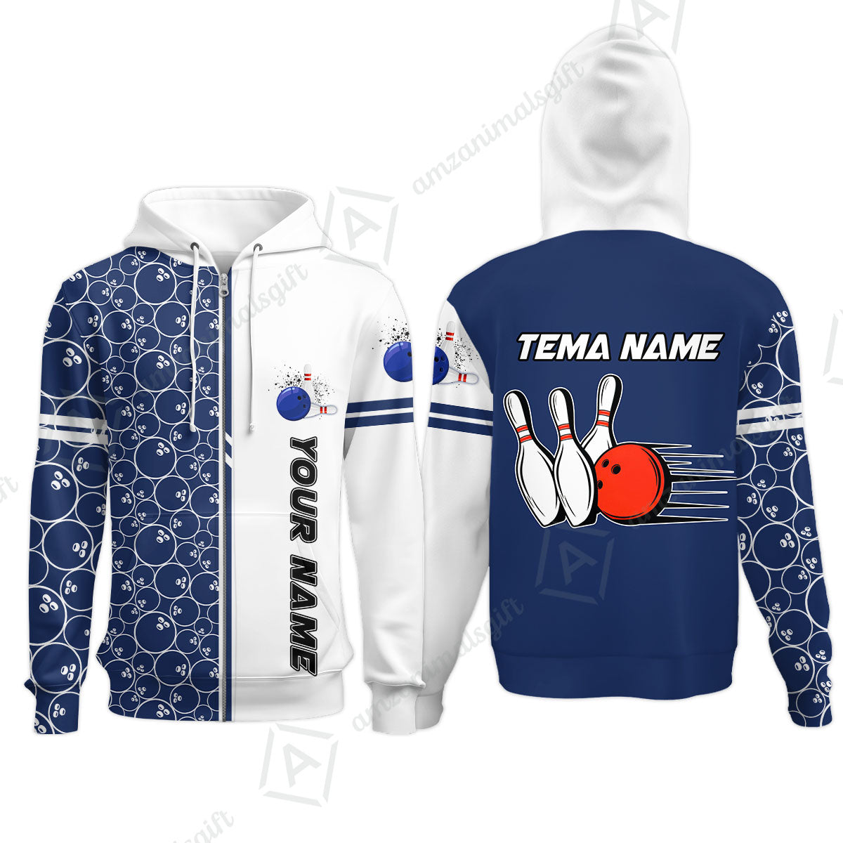 Customized Bowling Team Zip Hoodie, Bowling White And Blue Pattern Uniforms Shirt Personalized Name And Team Name