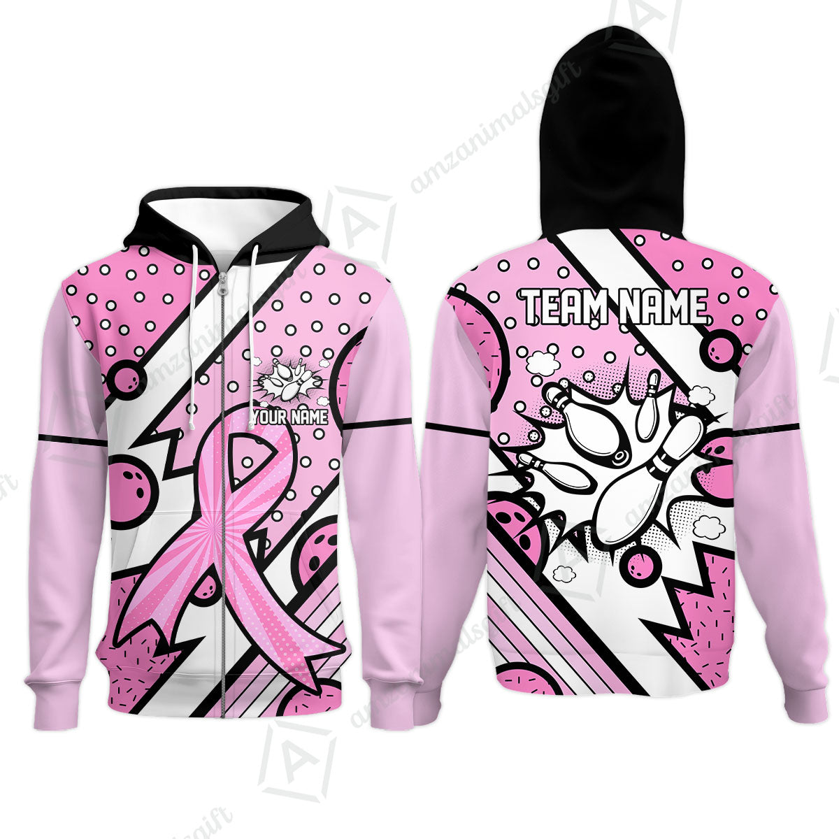Customized Bowling Team Polo Jersey, Bowling Pink Ribbon Comic Style Uniform Shirt For Bowlers