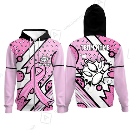 Customized Bowling Team Polo Jersey, Bowling Pink Ribbon Comic Style Uniform Shirt For Bowlers