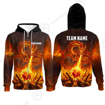 Custom Bowling Jersey Polo Shirt, Asian Dragon's Fire Strike, Custom Bowling Jersey Team Shirt For Players With Name & Team Name
