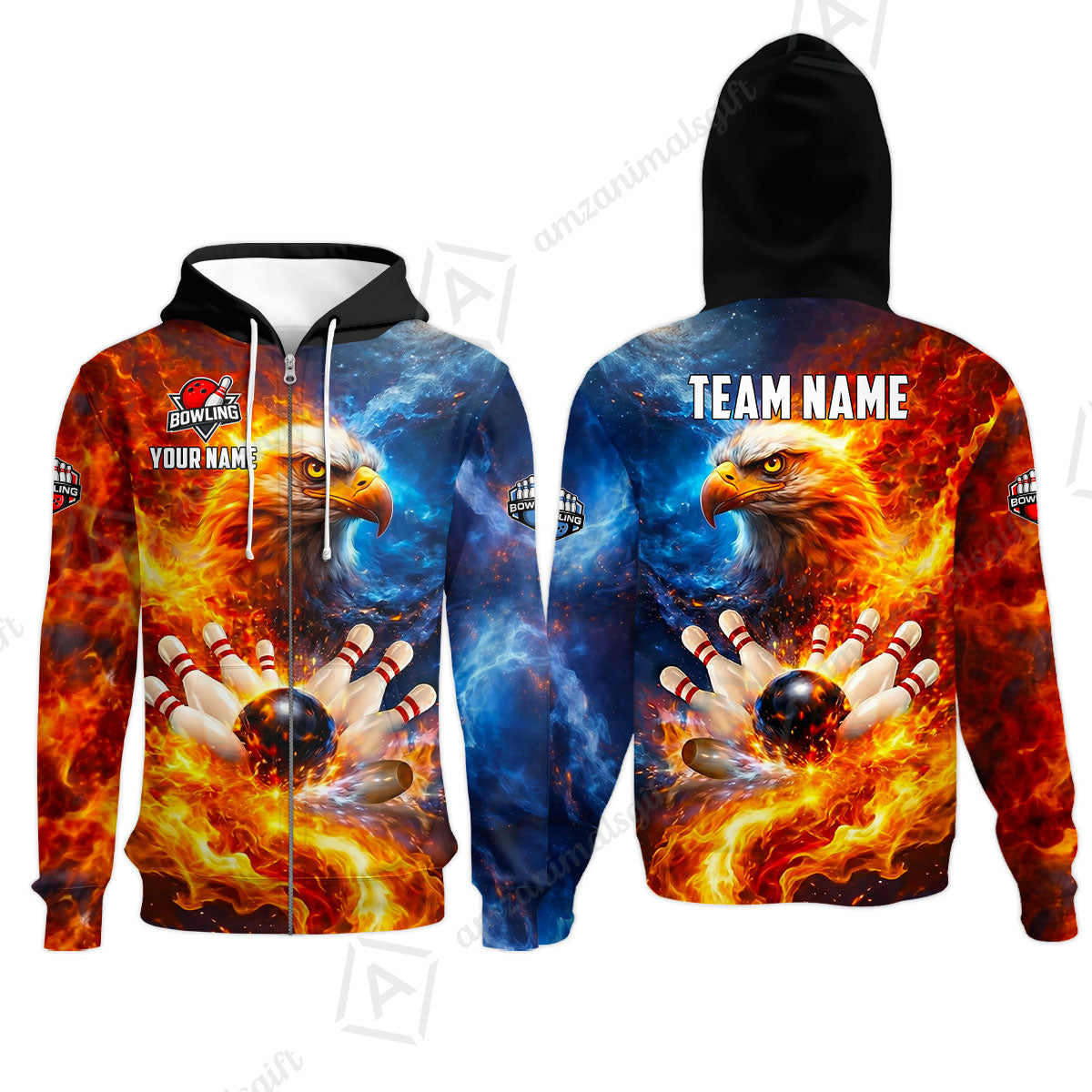 Custom Bald Eagle and Fire Bowling Jersey Polo Shirt, Custom Bald Eagle and Fire Bowling Jersey Team Shirt For Players With Name & Team Name