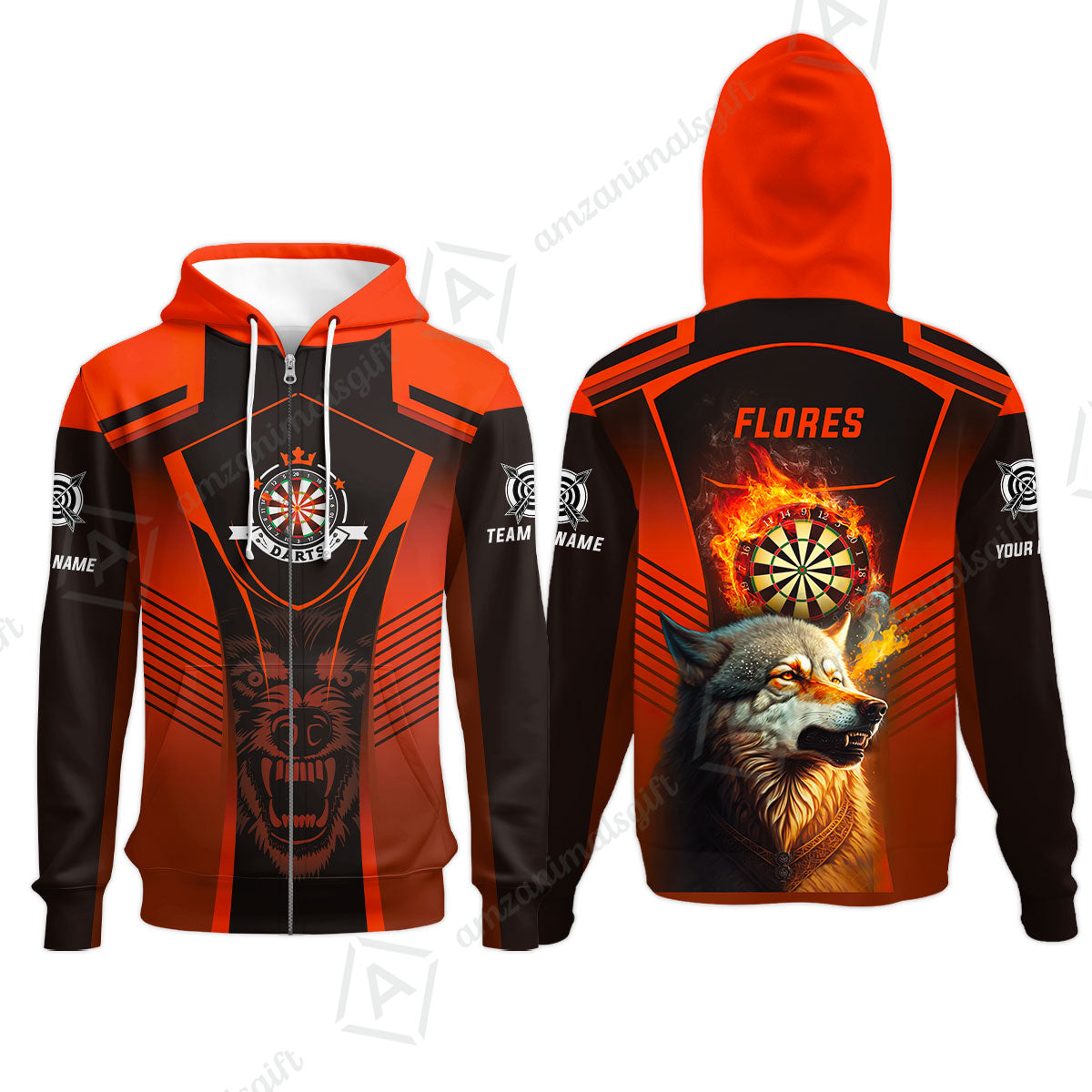 Custom Name Darts Men Polo Shirt, Orange Wolf Dartboard Personalized Polo Shirts, Gift For Men, Darts Lovers, Darts Players