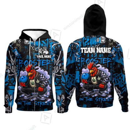 Customized Bowling Unisex Polo Shirt, Urban Streetwear Chicken Bowling Rooster On The Street, Personalized Name Team Name