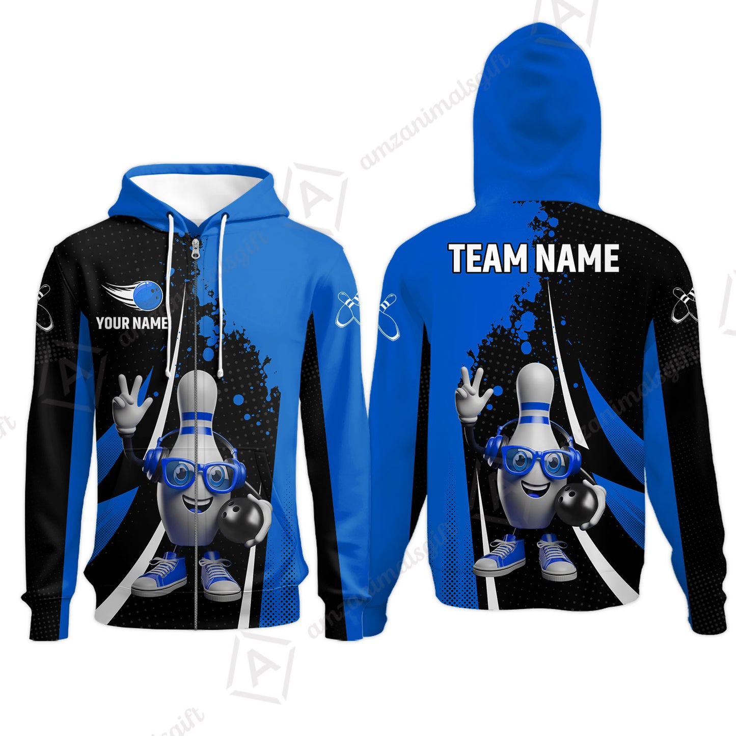 Customized Bowling Unisex Polo Shirt, Halftone Bowling Pin Wearing Headphones Sunglasses, Personalized Name And Team Name