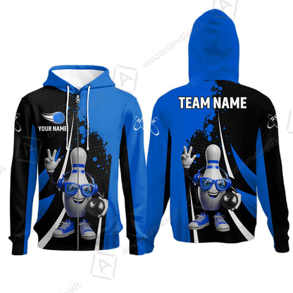 Customized Bowling Unisex Polo Shirt, Halftone Bowling Pin Wearing Headphones Sunglasses, Personalized Name And Team Name