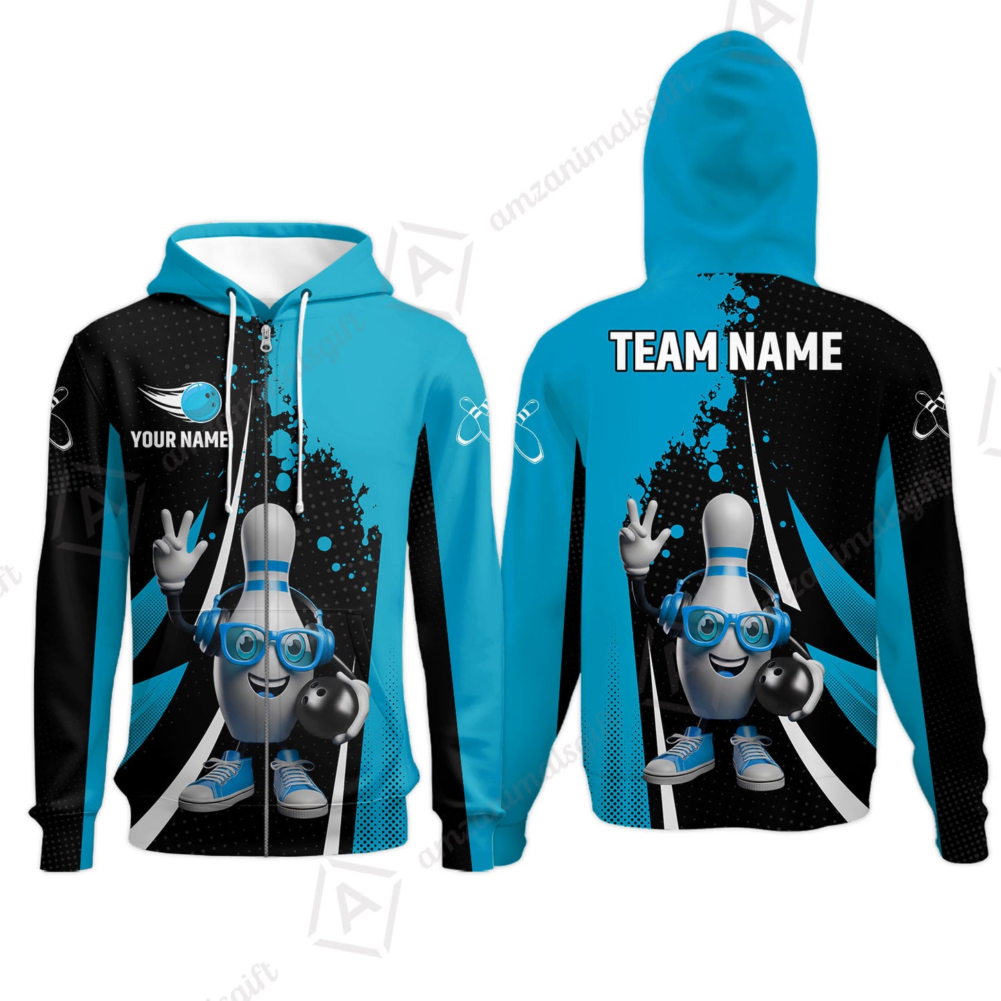 Customized Bowling Unisex Polo Shirt, Halftone Bowling Pin Wearing Headphones Sunglasses, Personalized Name And Team Name