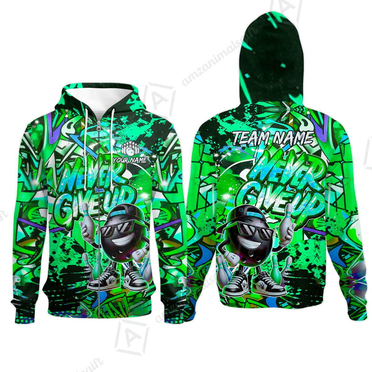 Customized Bowling Unisex Polo Shirt, Graffiti Bowling Funny Never Give Up Bowling Uniform, Personalized Name And Team Name