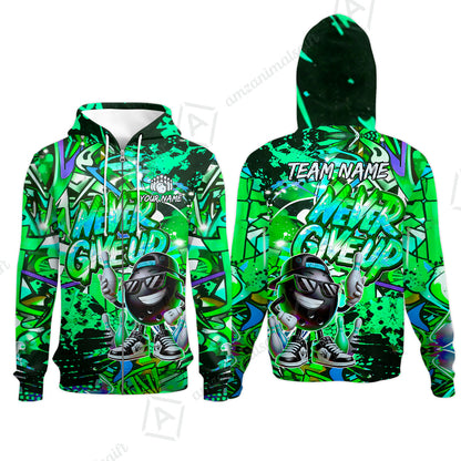 Customized Bowling Unisex Polo Shirt, Graffiti Bowling Funny Never Give Up Bowling Uniform, Personalized Name And Team Name