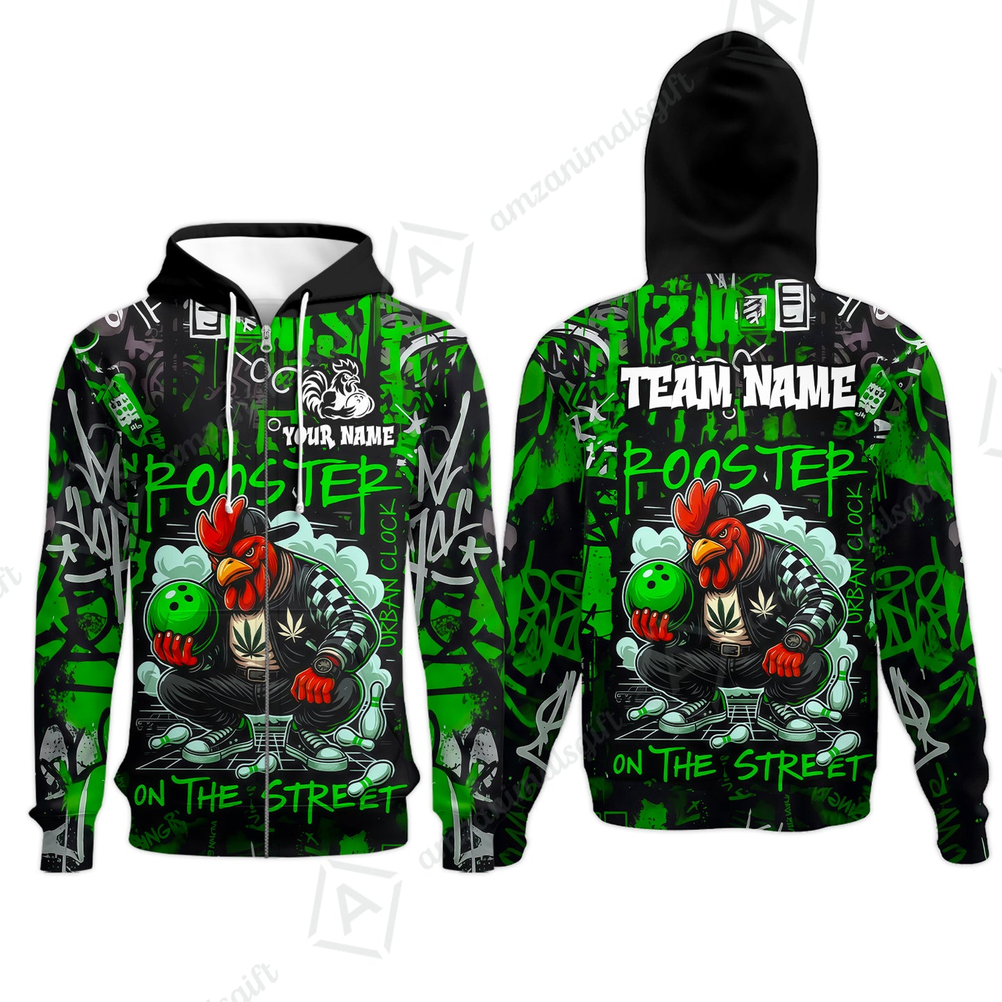 Customized Bowling Unisex Polo Shirt, Urban Streetwear Chicken Bowling Rooster On The Street, Personalized Name Team Name