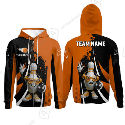 Customized Bowling Unisex Polo Shirt, Halftone Bowling Pin Wearing Headphones Sunglasses, Personalized Name And Team Name