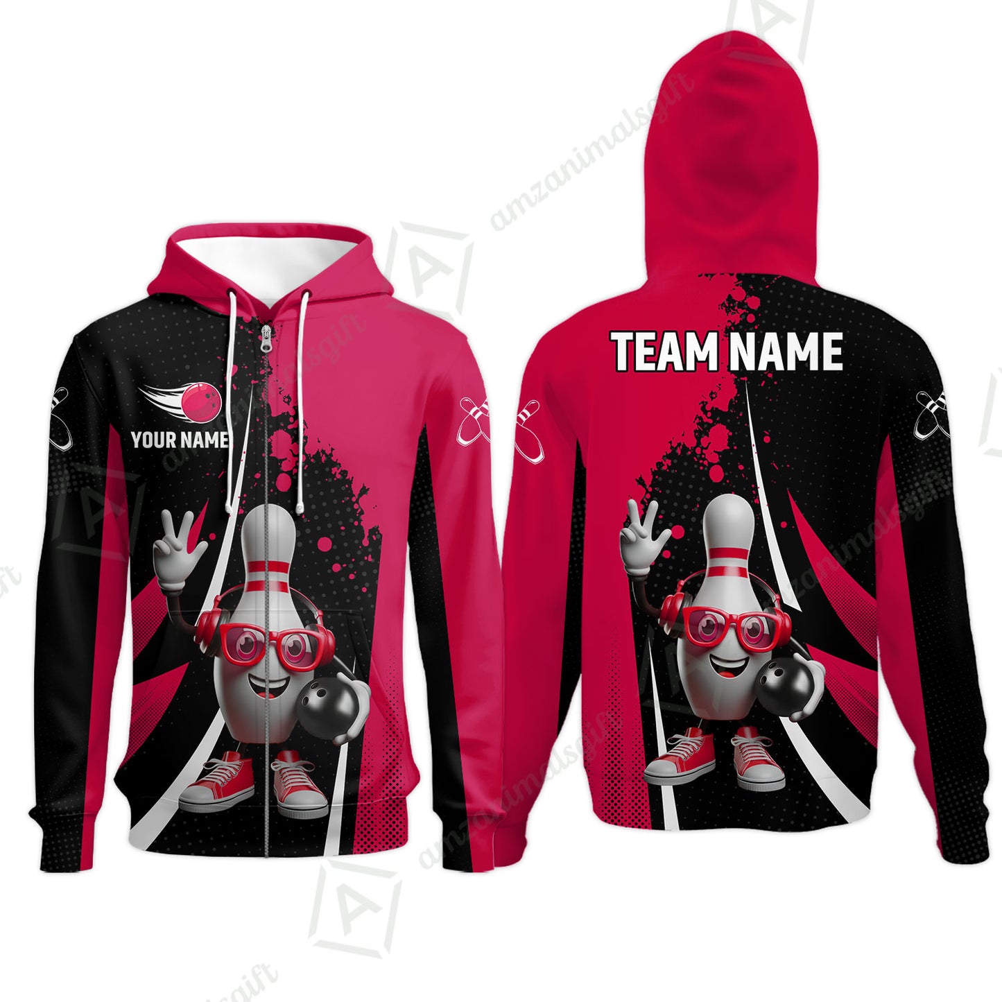 Customized Bowling Unisex Polo Shirt, Halftone Bowling Pin Wearing Headphones Sunglasses, Personalized Name And Team Name