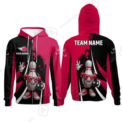 Customized Bowling Unisex Polo Shirt, Halftone Bowling Pin Wearing Headphones Sunglasses, Personalized Name And Team Name