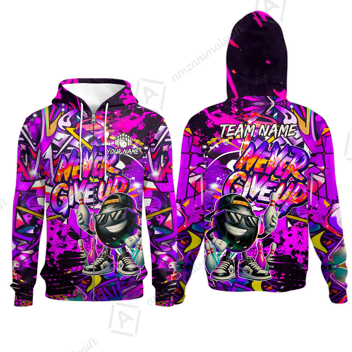 Customized Bowling Unisex Polo Shirt, Graffiti Bowling Funny Never Give Up Bowling Uniform, Personalized Name And Team Name