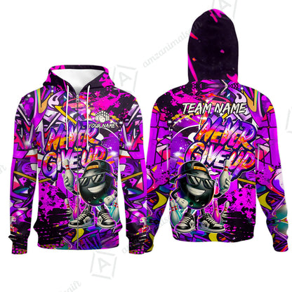 Customized Bowling Unisex Polo Shirt, Graffiti Bowling Funny Never Give Up Bowling Uniform, Personalized Name And Team Name