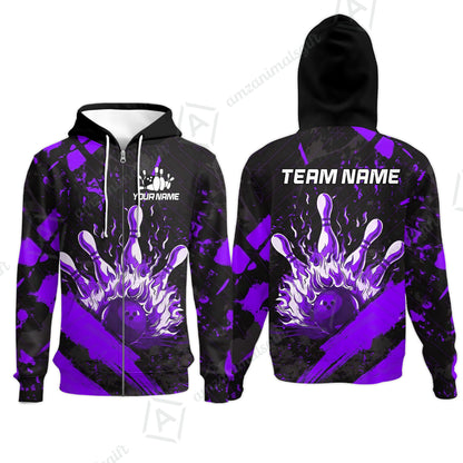 Customized Bowling Unisex Polo Shirt, Bowling And Pins Grunge Flame, Bowling Uniform - Personalized Name And Team Name