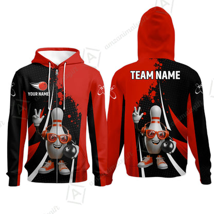 Customized Bowling Unisex Polo Shirt, Halftone Bowling Pin Wearing Headphones Sunglasses, Personalized Name And Team Name