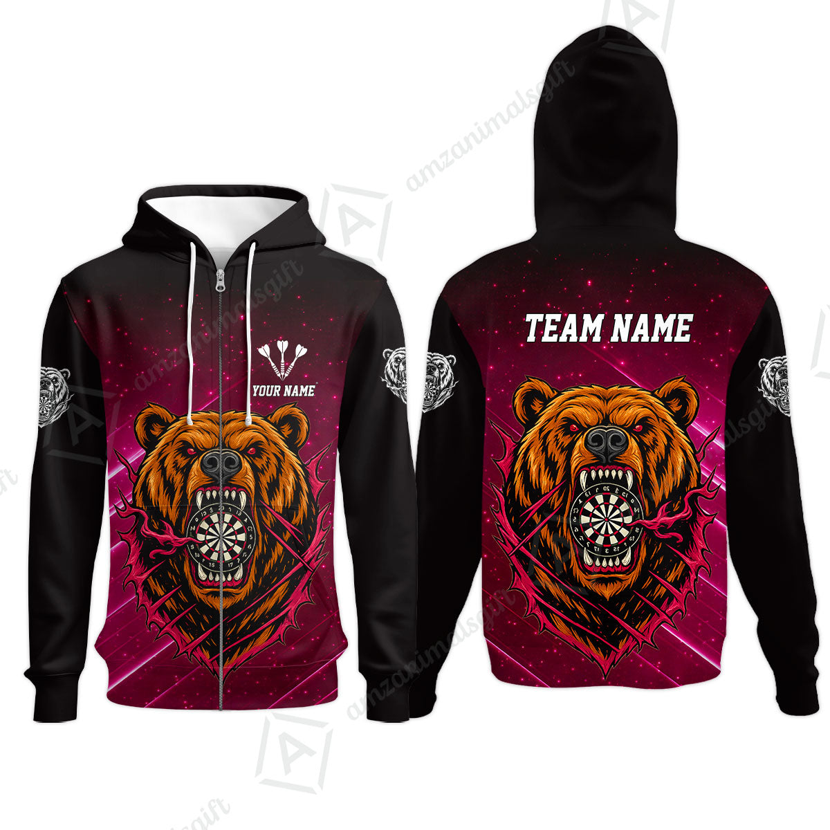 Customized Darts Team Uniform Shirt, Personalized Furious Bear Darts Collar Quarter-Zip Shirt with Name & Team Name