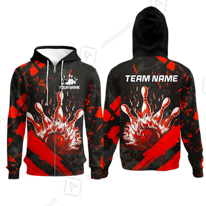 Customized Bowling Unisex Polo Shirt, Bowling And Pins Grunge Flame, Bowling Uniform - Personalized Name And Team Name