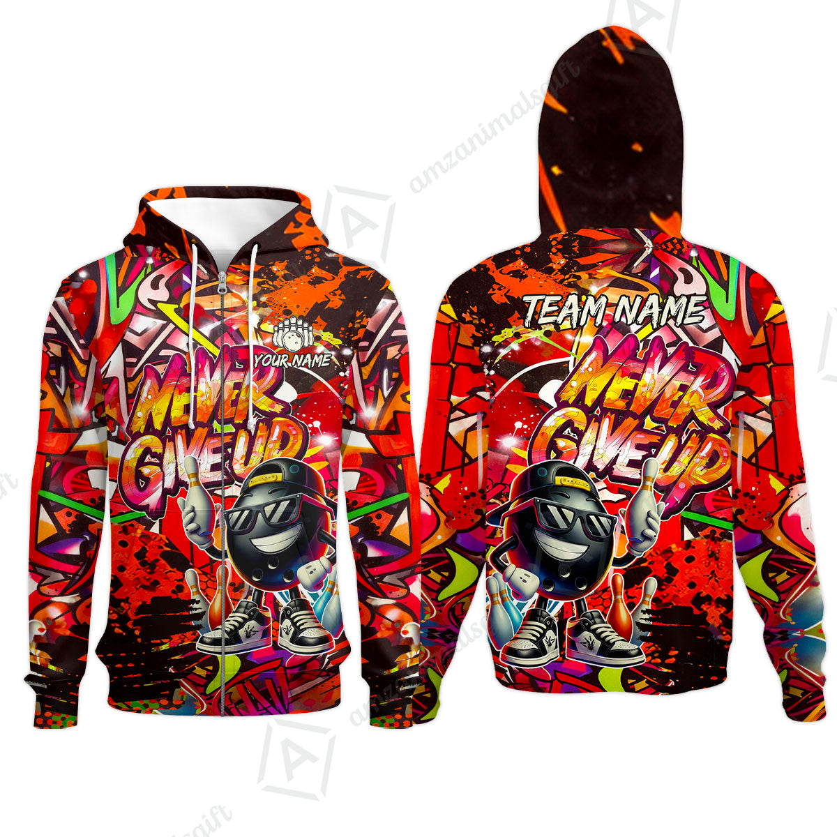 Customized Bowling Unisex Polo Shirt, Graffiti Bowling Funny Never Give Up Bowling Uniform, Personalized Name And Team Name