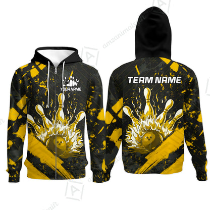 Customized Bowling Unisex Polo Shirt, Bowling And Pins Grunge Flame, Bowling Uniform - Personalized Name And Team Name