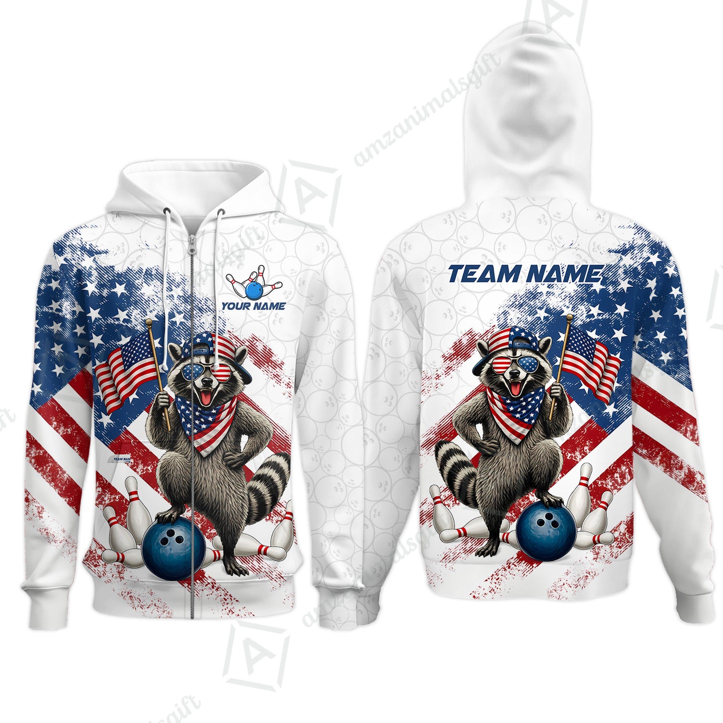 Custom Bowling Jersey Polo Shirt, Racoon America Flag Bowling Pattern, Personalize Name and Team Name