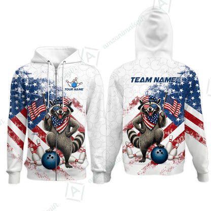 Custom Bowling Jersey Polo Shirt, Racoon America Flag Bowling Pattern, Personalize Name and Team Name