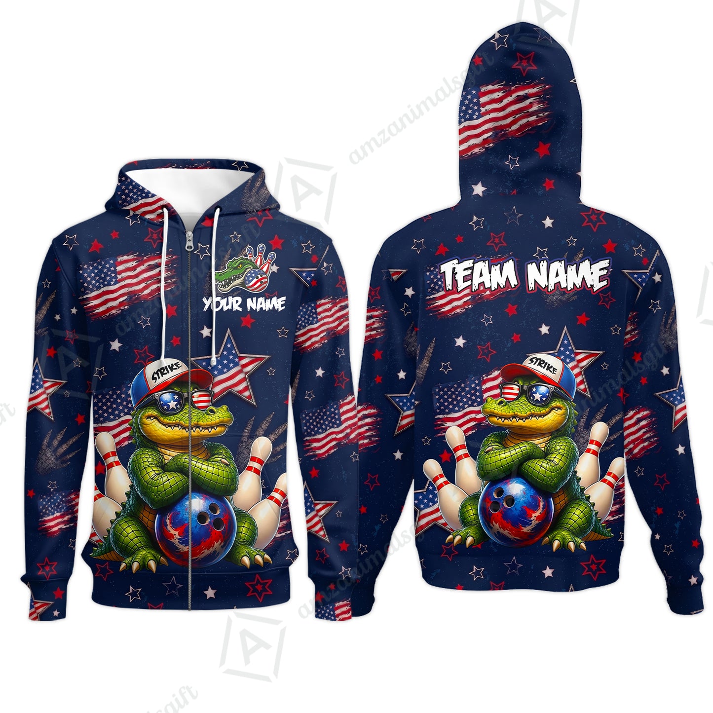 Custom Bowling Jersey Polo Shirt, Cool Patriotic Alligator Mascot, Custom Bowling Jersey Team Shirt For Players With Name and Team Name