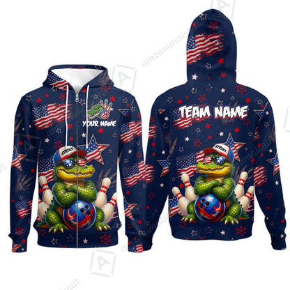 Custom Bowling Jersey Polo Shirt, Cool Patriotic Alligator Mascot, Custom Bowling Jersey Team Shirt For Players With Name and Team Name