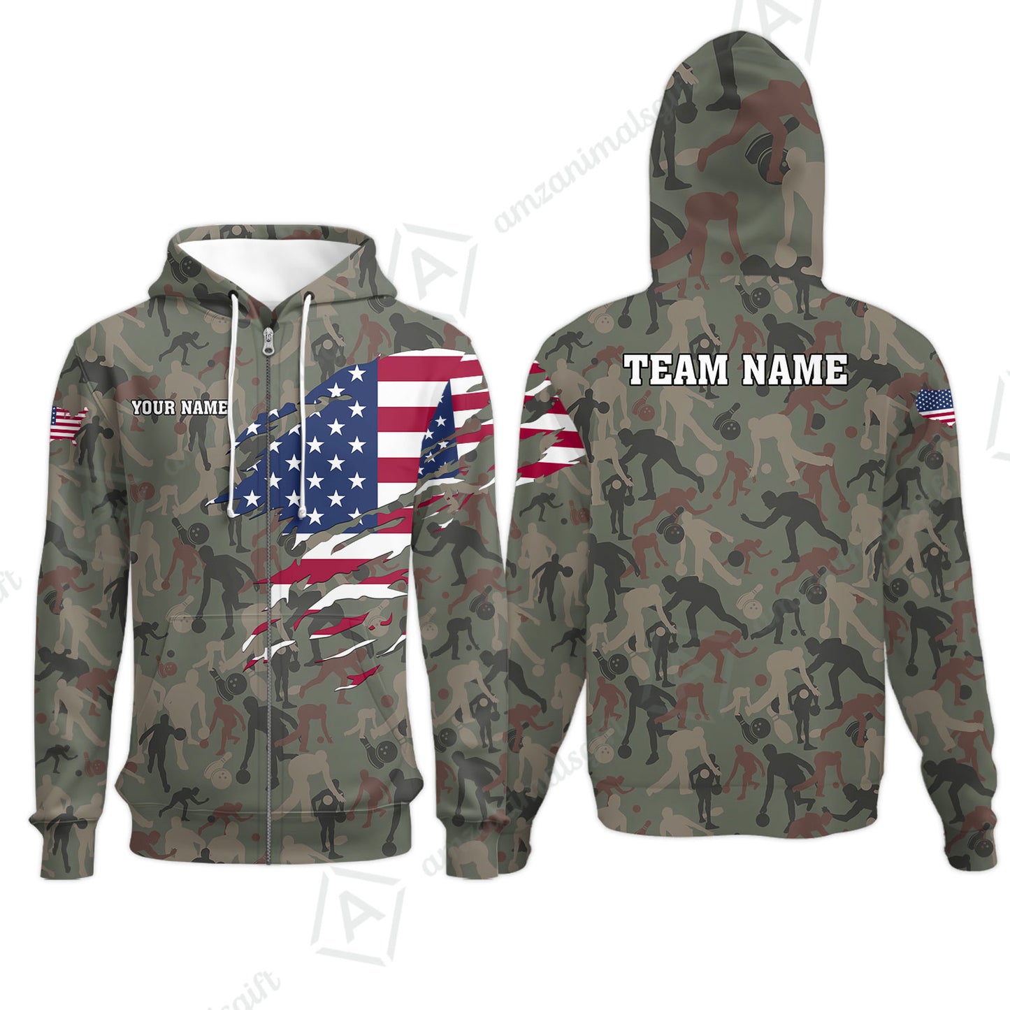 Custom Bowling Jersey Polo Shirt, American Flag Woodland Green Camouflage, Custom Bowling Jersey Team Shirt For Players With Name and Team Name