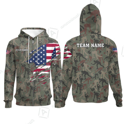 Custom Bowling Jersey Polo Shirt, American Flag Woodland Green Camouflage, Custom Bowling Jersey Team Shirt For Players With Name and Team Name