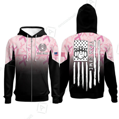 Custom Bowling Jersey Polo Shirt, Ribbon Breast Cancer Awareness Flag, Custom Bowling Jersey Team Shirt For Players With Name and Team Name