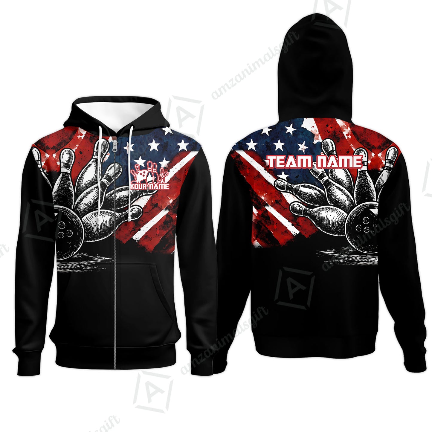 Custom Bowling Jersey Polo Shirt, American Flag and Bowling Pins Sketch, Custom Bowling Jersey Team Shirt For Players With Name and Team Name