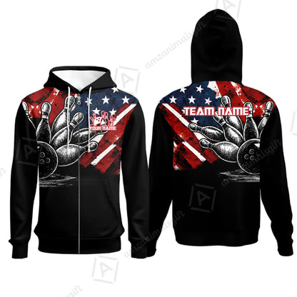 Custom Bowling Jersey Polo Shirt, American Flag and Bowling Pins Sketch, Custom Bowling Jersey Team Shirt For Players With Name and Team Name