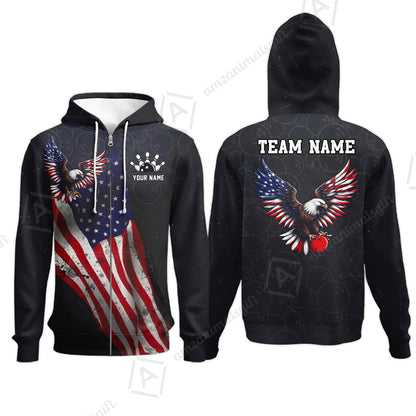 Custom Bowling Jersey Polo Shirt, USA Flag Draped Bald Eagle Strike, Custom Bowling Jersey Team Shirt For Players With Name & Team Name