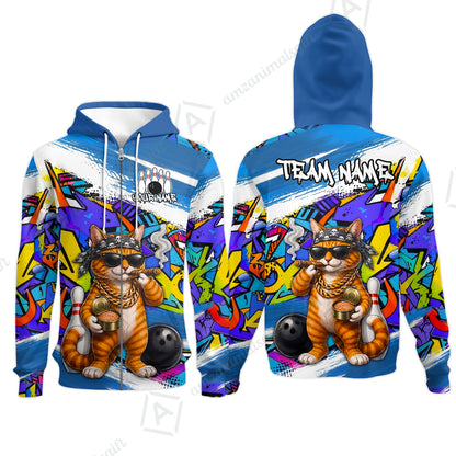 Custom Bowling Jersey Polo Shirt, Cat Graffiti Bowling, Personalize Name and Team Name