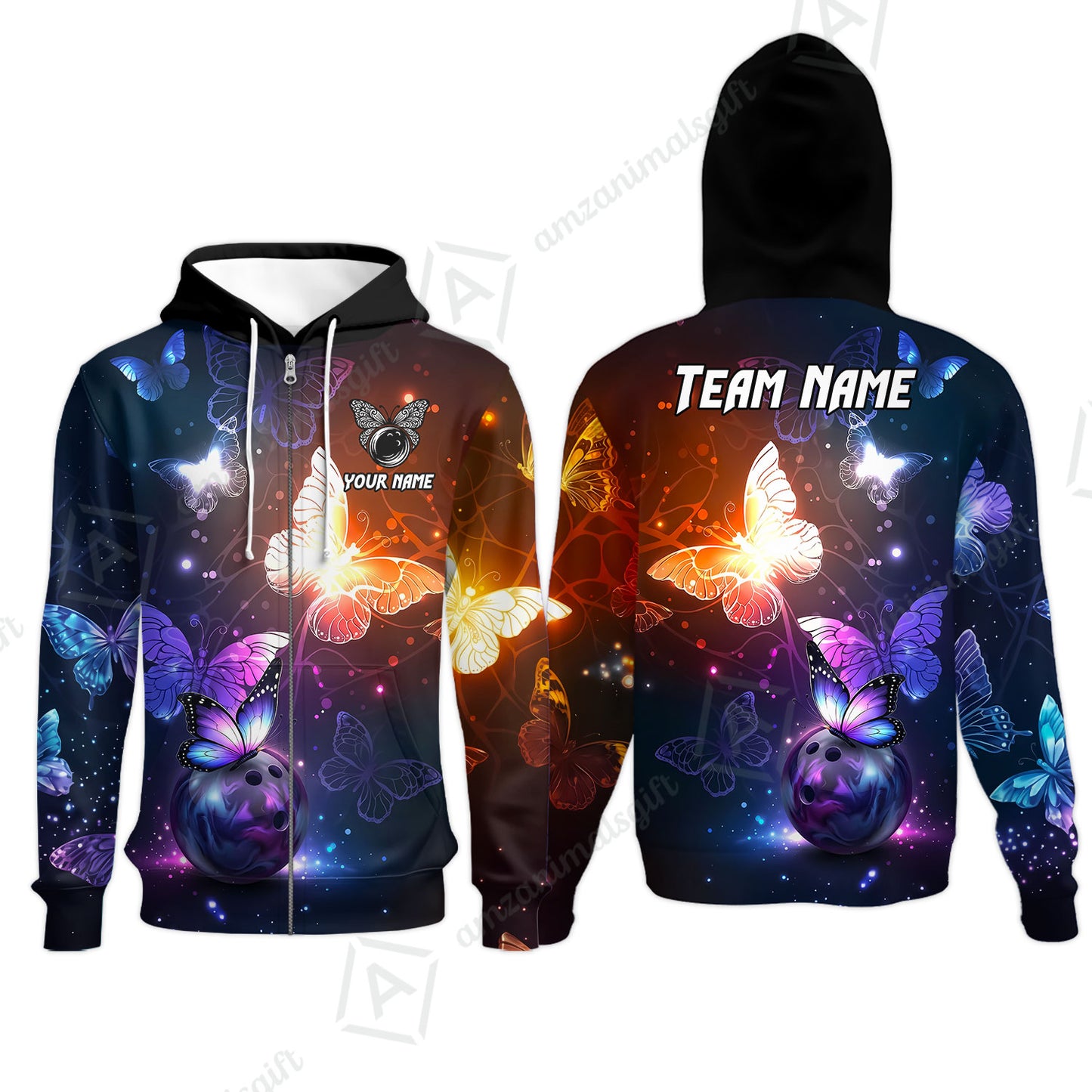 Custom Bowling Jersey Polo Shirt, Magical Glowing Butterfly Galaxy Pattern, Custom Bowling Jersey Team Shirt For Players With Name & Team Name