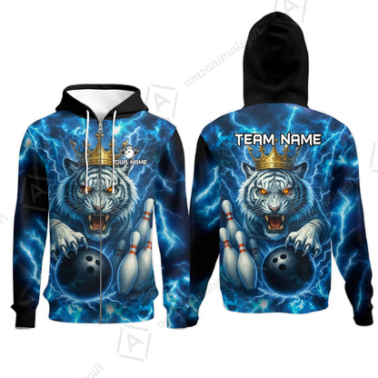 Custom Bowling Team Quarter-Zip Polo Shirt, Bowling White Tiger Lighting Shirt, Personalized Team Shirt with Custom Name